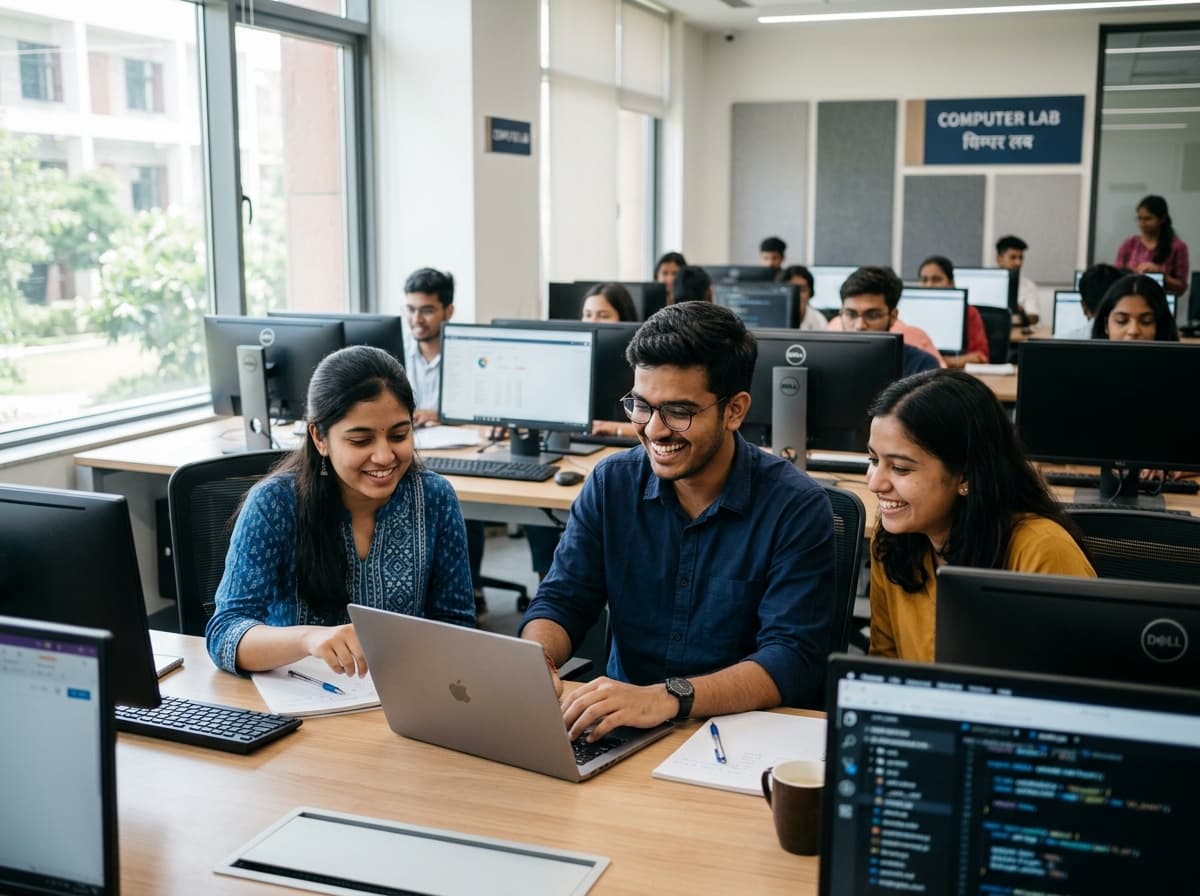 Indian college students collaborating in an engineering lab