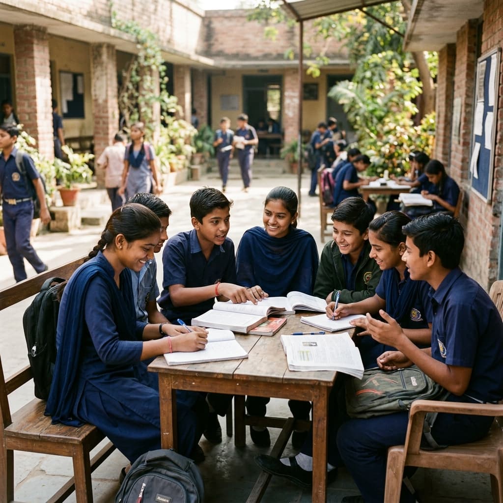 Indian secondary school students collaborating and building life skills in school