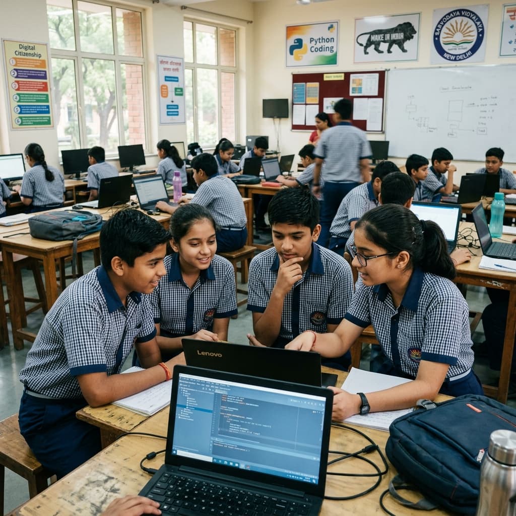 Indian school students engaged in computer lab and digital literacy learning