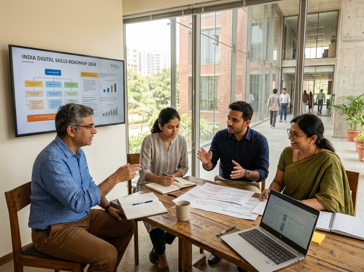 Indian education leaders and young professionals collaborating in a modern institution